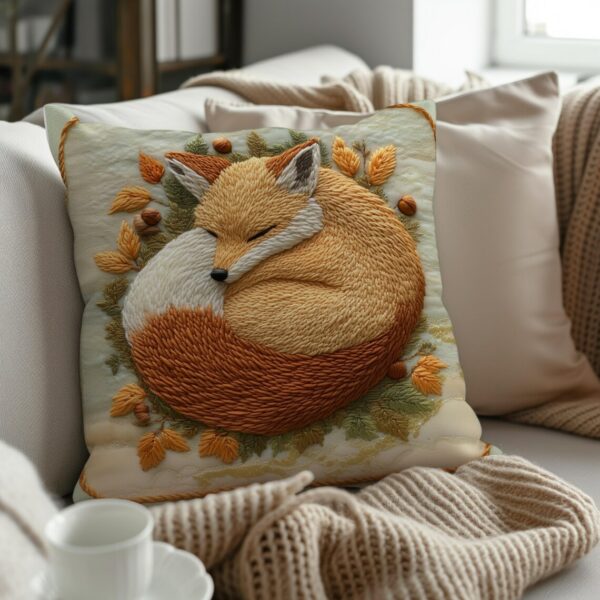Embroidered Sleeping Fox Throw Pillow with Insert