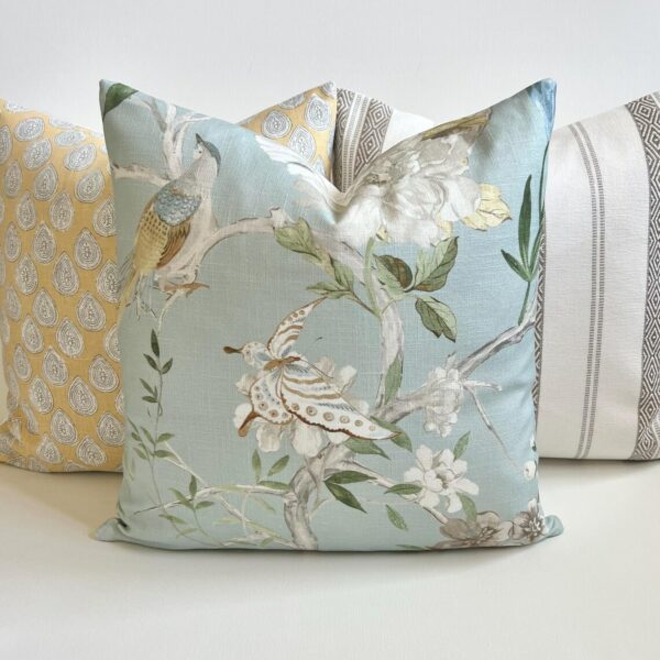 Light Blue And Green Bird And Butterfly Floral Linen Decorative Pillow